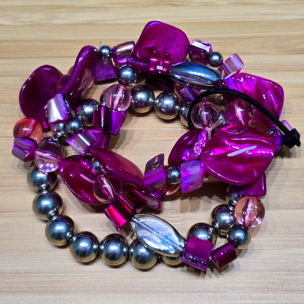 Pink and Silver Beaded Bracelet Set